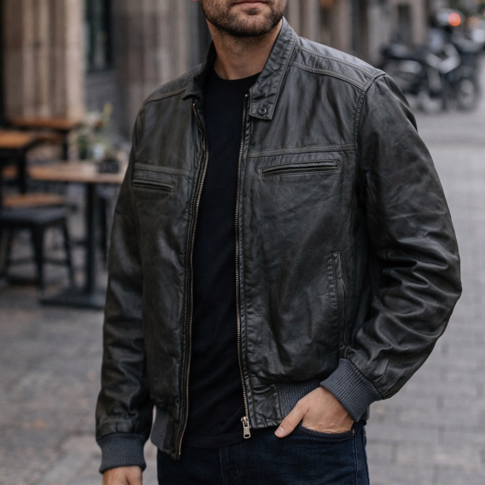 Vintage Jean Pierre Genuine Leather Dark Gray Bomber Moto Jacket Men’s 46